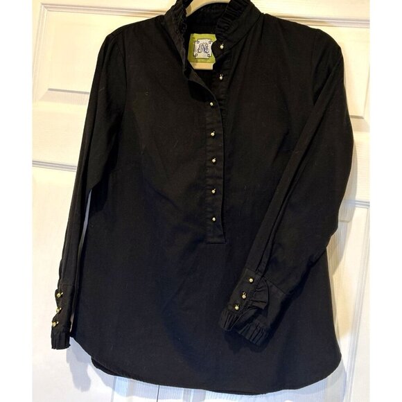 Elizabeth McKay Womens 8 Black Blouse Ruffle Neck Gold Buttons Tuxedo Style - Picture 5 of 10